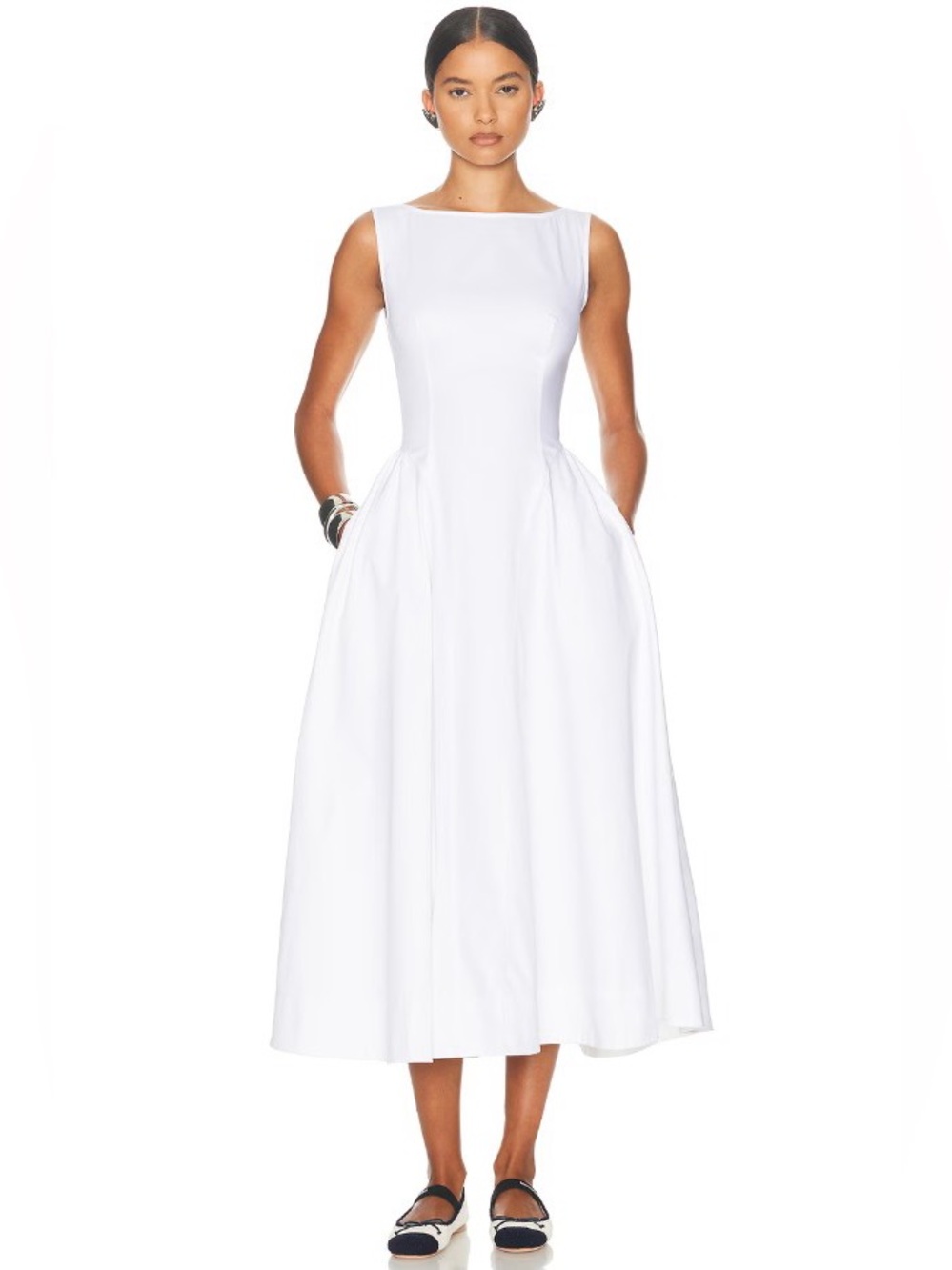 Helsa Boat Neck White Stretch Cotton Open Back Midi Dress NWOT